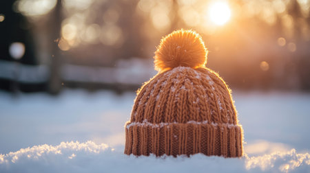 Detailed shot of a warm knitted beanie with a pom-pom, resting on a snowy surface with winter sceneryの素材