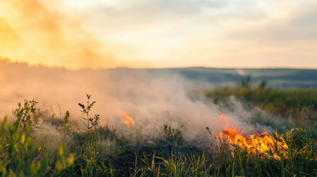 Close-up of smoke drifting across a rural landscape from a controlled burn, with a blurred horizon and vegetationの素材
