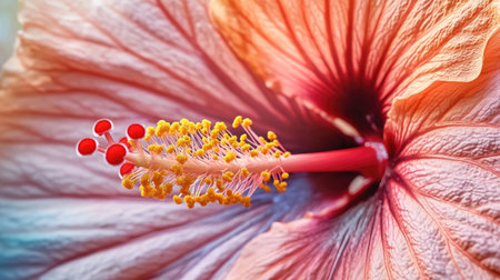 Detailed shot of a vibrant hibiscus flower, focusing on the intricate stamen and petal textureの素材