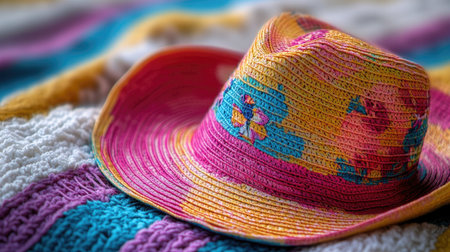 Detailed view of a colorful summer sunhat with wide brim and floral pattern, lying on a beach towelの素材