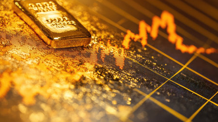 Detailed view of a financial report with a gold price graph showing recent fluctuations and market analysisの素材
