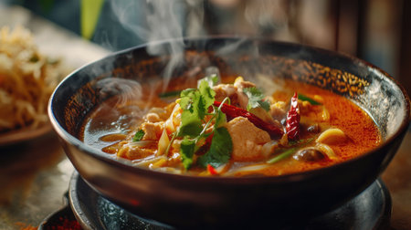 Detailed shot of Tom Yum Goong served in a traditional Thai bowl, with steam rising and fresh ingredients like lemongrass and chilies visibleの素材