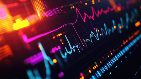 Close-up of a digital oscilloscope screen displaying vibrant electrical waveforms and signal patternsの素材