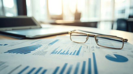 Detailed view of a financial report with complex graphs, charts, and numbers on a modern office deskの素材