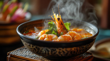Detailed view of a steaming bowl of Tom Yum Goong with shrimp and herbs, placed on a traditional Thai table settingの素材