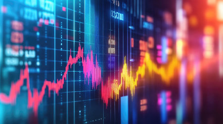 Detailed view of a stock market graph with rising and falling trends, accompanied by investment notesの素材