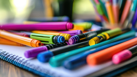 Detailed view of colorful pens and markers scattered on a sketchbook, with a variety of vibrant colors and artistic toolsの素材