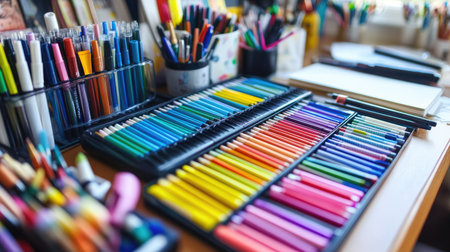 Detailed view of a workspace with colored pens arranged by color on a desk, alongside sketchpads and creative materialsの素材