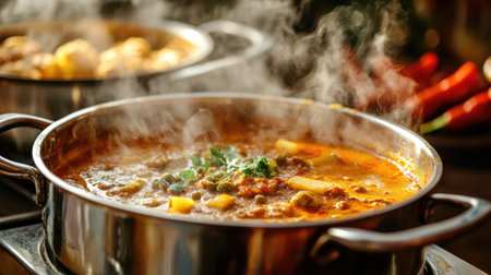 Stirring hot curry in a pot, with steam and rich spices filling the air, traditional kitchen setupの素材