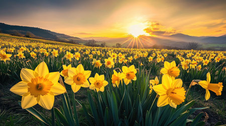 Wide shot of a rolling field of daffodils with their bright yellow petals glowing in the sunlightの素材