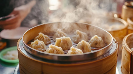 Steaming dumplings being taken out of a bamboo steamer, traditional Asian kitchen atmosphereの素材