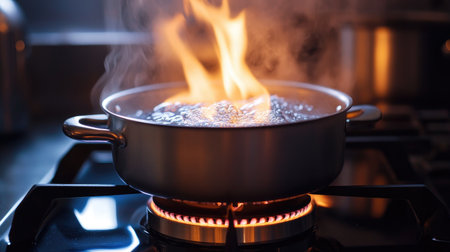 A close-up of a pot with water boiling on a gas stove, with the flame visible beneath the pot and steam rising vigorously.の素材
