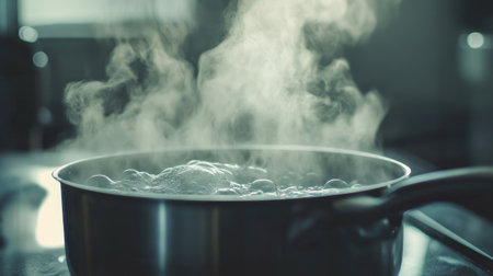 A close-up of a pot with water at a rolling boil, with the steam creating a hazy effect and the surrounding kitchen counter slightly blurred.の素材