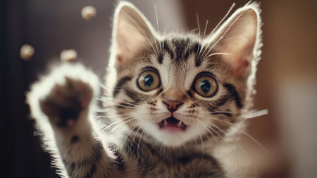 A close-up of a kitten's face mid-pounce, with its eyes wide and ears perked, showcasing its excitement and focus as it plays with a small toy.の素材