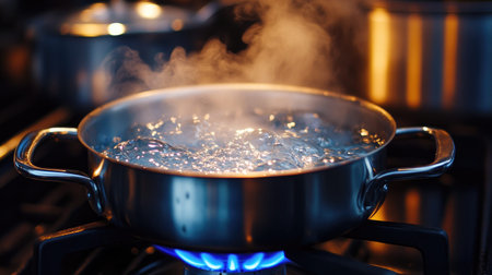 A close-up of a pot with water boiling on a gas stove, with the flame visible beneath the pot and steam rising vigorously.の素材