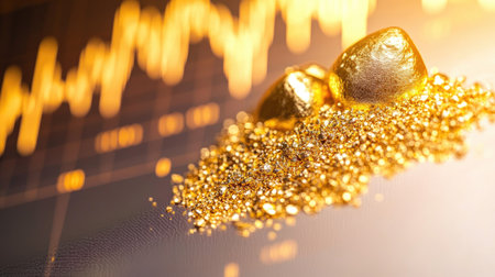 A close-up of a gold price graph with candlestick charts and moving averages, presented on a white background to highlight the data trends.の素材