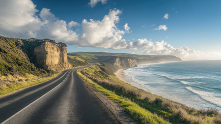 Wide shot of a coastal road with stunning ocean views and dramatic cliffs, under a bright, sunny skyの素材