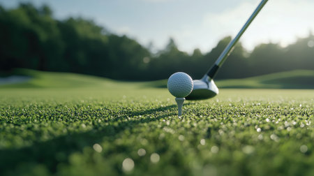 A close-up of a golf tee with a ball on it, set against a backdrop of a perfectly manicured fairway and a golf club positioned for the next shot.の素材