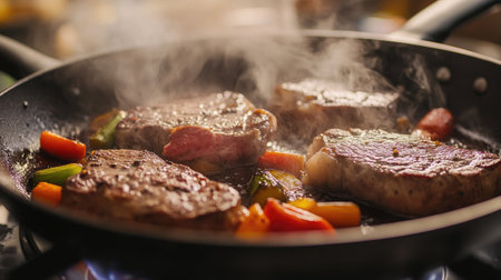 A close-up of a sizzling hot skillet with juicy steaks and vegetables being seared, with steam rising and a vibrant kitchen background.の素材