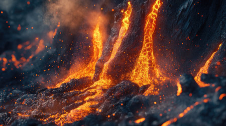 A close-up of lava spewing from a volcano crater, with molten rock and glowing embers, contrasted against a dark, volcanic backdropの素材