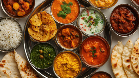 A close-up of a vibrant Indian thali showcasing an array of curries, rice, and bread, with detailed textures and colors, set on a white background for emphasis.の素材