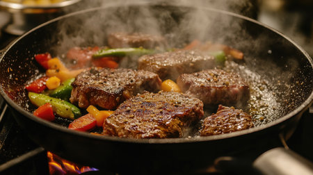 A close-up of a sizzling hot skillet with juicy steaks and vegetables being seared, with steam rising and a vibrant kitchen background.の素材