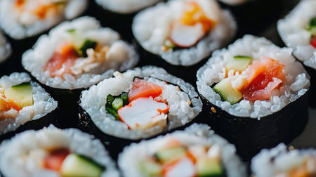 A close-up of a sushi roll cut into bite-sized pieces, with vibrant fillings like cucumber, crab, and avocado, arranged on a white background to highlight the textures.の素材
