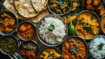 A close-up of a vibrant Indian thali showcasing an array of curries, rice, and bread, with detailed textures and colors, set on a white background for emphasis.の素材