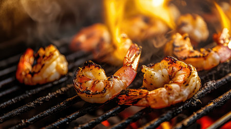 A close-up of grilled shrimp on a barbecue grill with smoky flames and a charred finish, capturing the sizzling and appetizing appearance.の素材