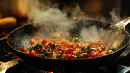 A close-up of a sizzling pan with various ingredients being saut capturing the vibrant colors and textures of a delicious dish in progress.の素材
