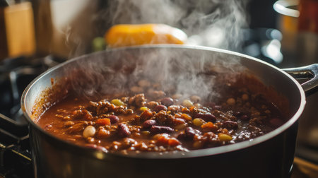 A close-up of a steaming pot of homemade chili on the stove, with rich, red sauce and chunks of meat and beans clearly visible, set against a warm kitchen backdrop.の素材