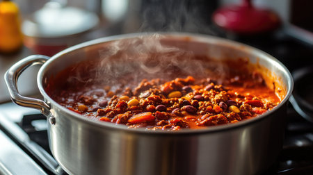 A close-up of a steaming pot of homemade chili on the stove, with rich, red sauce and chunks of meat and beans clearly visible, set against a warm kitchen backdrop.の素材