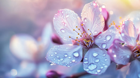 A close-up shot of cherry blossoms with droplets of morning dew on the petals, capturing the delicate beauty of the flowers in soft, natural lightの素材