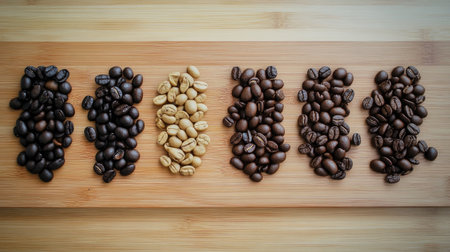 A collection of coffee beans in various stages of roasting, arranged neatly on a wooden surface to showcase the progression from green beans to dark roast.の素材