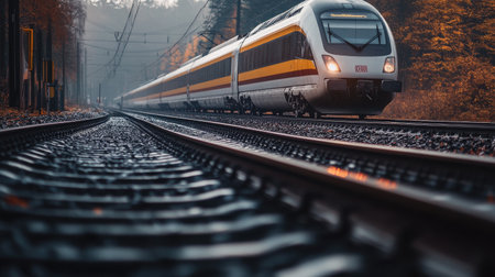 A close-up of railway tracks with a modern train passing by, highlighting the contrast between the sleek train and the traditional tracks.の素材