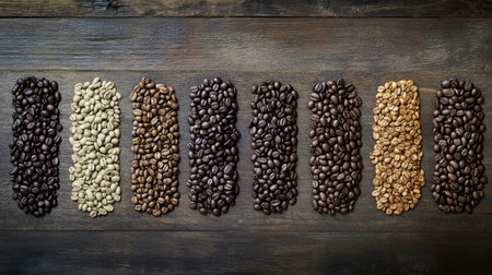 A collection of coffee beans in various stages of roasting, arranged neatly on a wooden surface to showcase the progression from green beans to dark roast.の素材