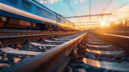 A close-up of the electric train's tracks with the train approaching in the background, focusing on the precision and technology behind modern rail systems.の素材