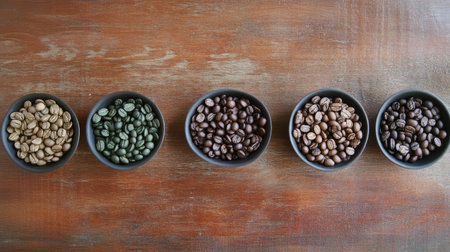 A collection of coffee beans in various stages of roasting, arranged neatly on a wooden surface to showcase the progression from green beans to dark roast.の素材