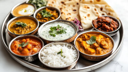 A colorful Indian thali featuring small servings of different curries, rice, raita, and naan bread, all beautifully arranged on a round metal platter with a white backdrop.の素材