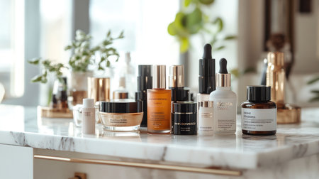 A collection of high-end skincare and makeup products displayed elegantly on a marble countertop, with soft, natural lighting highlighting their texturesの素材