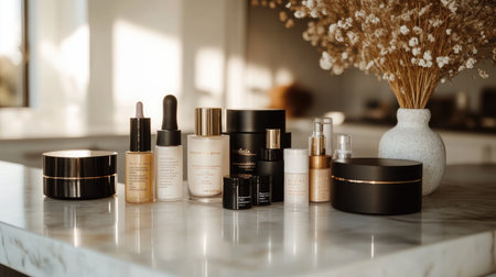 A collection of high-end skincare and makeup products displayed elegantly on a marble countertop, with soft, natural lighting highlighting their texturesの素材