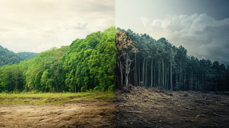 A comparison image showing a lush, green forest next to a deforested area with dead trees and stumps, highlighting the impact of global warming on ecosystems.の素材