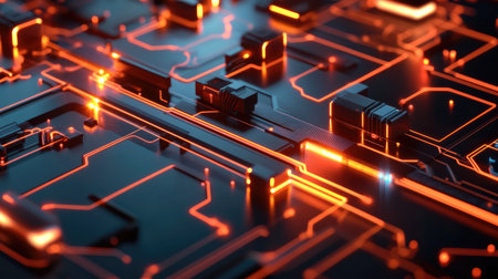 A concept of a digital network represented by glowing circuits and pathways connecting different devices, with a futuristic design and a clean tech environment.の素材