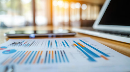 A comprehensive financial report with stacked bar graphs showing income, expenses, and profit margins over several fiscal years, laid out on a modern digital device.の素材