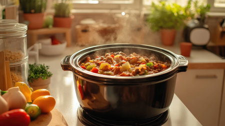 A cozy kitchen scene with a slow cooker on the counter, filled with a hearty stew, highlighting the convenience of slow cooking.の素材