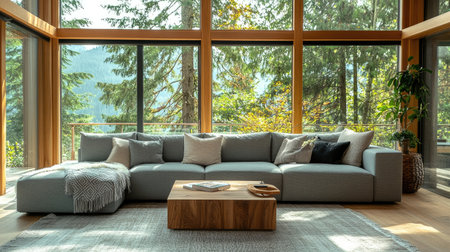 A cozy modern living room with a large gray sectional sofa, soft throw pillows, and a wooden coffee table, bathed in natural light from the floor-to-ceiling windows.の素材
