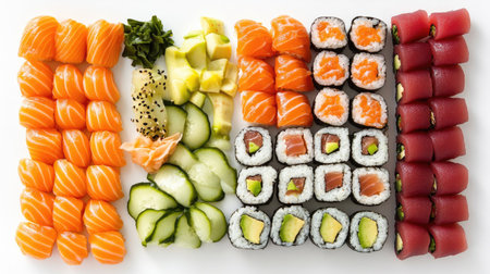 A colorful assortment of sushi rolls and nigiri arranged on a clean white background, showcasing fresh ingredients like tuna, salmon, avocado, and cucumber.の素材