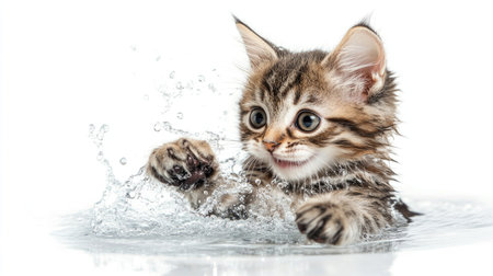 A cute cat playing with water in a small, shallow pool, with its paws creating splashes and a look of delight on its face, set against a simple white backdrop.の素材