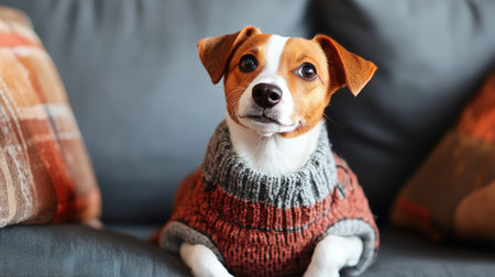 A cute dog in a stylish outfit sitting on a comfortable couch, with its head tilted and eyes looking up, creating a charming and endearing scene.の素材