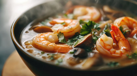 A close-up of a steaming bowl of Thai tom yum soup, with shrimp, mushrooms, and herbs, highlighting its spicy and tangy broth.の素材